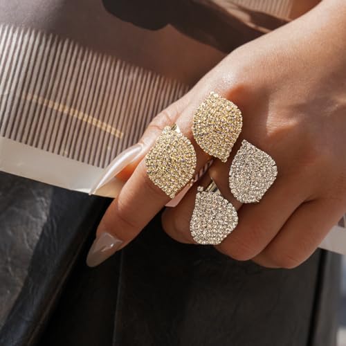Rhinestone Finger Ring for Women Sparkly Crystal Butterfly Flower Leaf Adjustable Statement Chain Rings Punk Jewelry - color: Leaf S