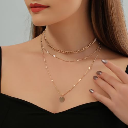 3Pcs Gold Circle Pendant Necklace Set Dainty Layered Stacked Pearls Chain Choker Necklace Trendy Birthday Jewelry Accessory Gift for Women - color: Gold Coin