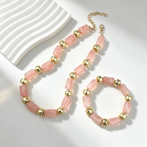 YBMYCM Colorful Resin Beaded Necklace Bracelet Set for Women, Adjustable Chunky Choker Necklace with Stretch Bracelet, Boho Statement Summer Beach Jewelry Gift for Her - color: Pink