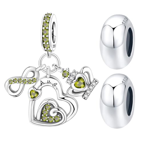 3PCS Birthstone Stone Charms for Charms Bracelet 925 Sterling Silver Infinity Love Heart Crown Dangle Charms Spacer Stopper Beads for Bracelets and Necklaces, Birthday Mother's Day Christmas Gifts For Women. - color: 08 Aug. 3PCS