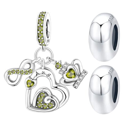 3PCS Birthstone Stone Charms for Charms Bracelet 925 Sterling Silver Infinity Love Heart Crown Dangle Charms Spacer Stopper Beads for Bracelets and Necklaces, Birthday Mother's Day Christmas Gifts For Women. - color: 08 Aug. 3PCS