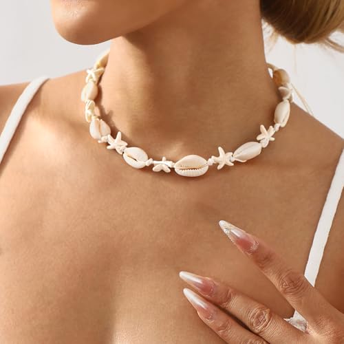 Nackiy Shell Necklace for Women, Handmade Summer Beach Jewelry Gift | Natural Sea Shell Necklace, Adjustable Collar Fit, Coastal Beach Style, Shell Starfish Charms, Lightweight Summer Jewelry - color: Beige 2