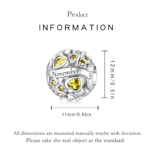 925 Sterling Silver Lucky Clover Birthstone Charms for Bracelets Dangle Pendant with 5A Cubic Zirconia Compatible Pandora Bracelets, Ladies Birthday Gift - style: 11-November
