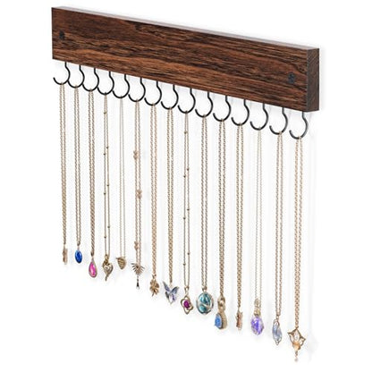 Lolalet Wooden Necklace Holder for Wall with 15 Hooks -Brown | Wall Mount Jewelry Hangers for Necklaces, Chains, Bracelets and Earrings, Tangle-free, Easy to Install - color: Brown