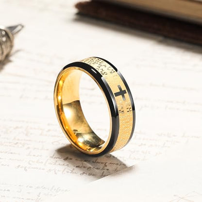 King Will Stainless Steel Men Ring Lord's Prayer Cross Ring Stainless Steel Men Wedding Ring, Wedding Band Bible Engraved Rings High Polished, Comfort Fit | 8mm, Gold/Silver/Black Wedding Band, Bible Engraved Rings, High Polished, Comfort Fit, Size 7-14 -