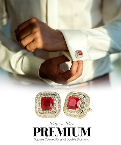 Square Colored Crystal Double Diamond Set Cufflinks - color: Deep Red/Gold