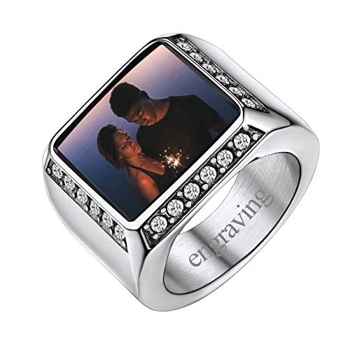 FindChic Customized Signet Photo Rings Square/Heart/Round Chunky Band Ring Stainless Steel/18K Gold Plated/Black Size 7 to 14 Personalized Jewelry for Men Women, Send Gift Box - color: 01. square (stainless steel)