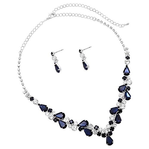 Rosemarie Collections Women's Stunning Rhinestone Crystal Teardrop Statement Necklace Hypoallergenic Drop Earrings Set, 15"+6" Extender - color: Montana Blue Silver Tone