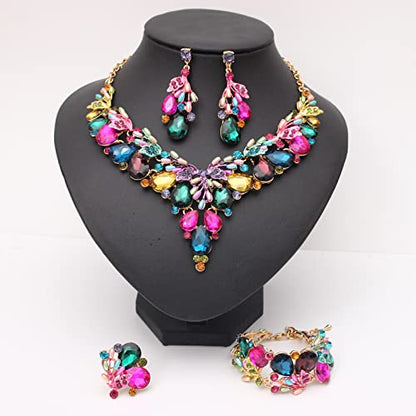Jewelry Set for Women, Statement Necklace Dangle Earrings Bracelet Ring, White/KC Gold Plated Jewelry Set with Rhinestone Pearl Crystal Wedding Party Jewelry for Bridal Bridesmaid - color: Multicolor-Gold Plated