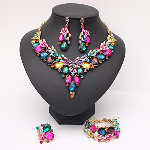 Jewelry Set for Women, Statement Necklace Dangle Earrings Bracelet Ring, White/KC Gold Plated Jewelry Set with Rhinestone Pearl Crystal Wedding Party Jewelry for Bridal Bridesmaid - color: Multicolor-Gold Plated