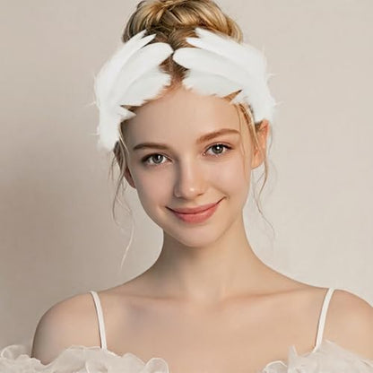 White Feather Headpiece and Swan Headpiece, Elegant Faux Plume Ballet Costume Accessories for Women, Pearl Decorative Feather Hair Clip Set for Wedding Prom, 2 Pcs