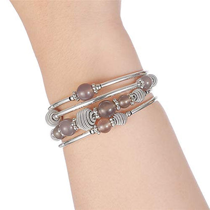 PEARL&CLUB Beaded Chakra Bangle Turquoise Bracelet - Fashion Jewelry Wrap Bracelet with Thick Silver Metal and Mala Beads, Birthday Gifts For Women - color: Agate grey