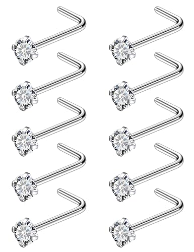 ASTM F136 Titanium Nose Rings 18G 20G 22G Clear Cubic Zirconia Nose Studs Ring Screw L-Shaped Bone Hypoallergenic Body Piercing Jewelry for Women 1.5mm 2mm 2.5mm 3mm 10PCS - style: L-Shaped:22G(0.6mm)-3mm CZ