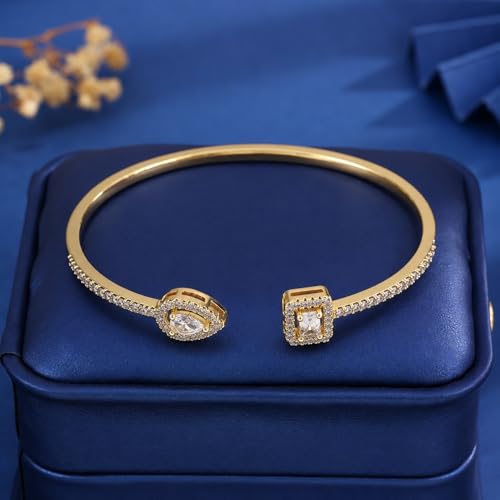 Elegant Versatile Youthful Bracelet, Delicate Water Drop & Square Stone Cuff Bangle for Women - color: Gold-White, size: One Size