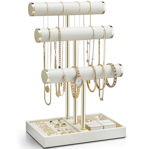 VLANDO 3 Tier Bracelet Holder Organizer with Tray - Leather Jewelry Stand Organizer for Women - Jewelry Holder Display for Necklace, Watches, Rings, Earrings, Bangle, Scrunchie - Cloud White - color: B. Cloud White, size: 3 Tier