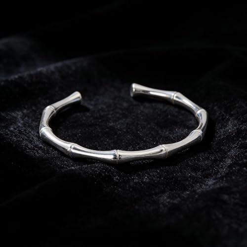 Adjustable Silver Bamboo Bracelet for Women – Stainless Steel Open-Cuff Bangle, Organic Design, Perfect Everyday Jewelry Gift