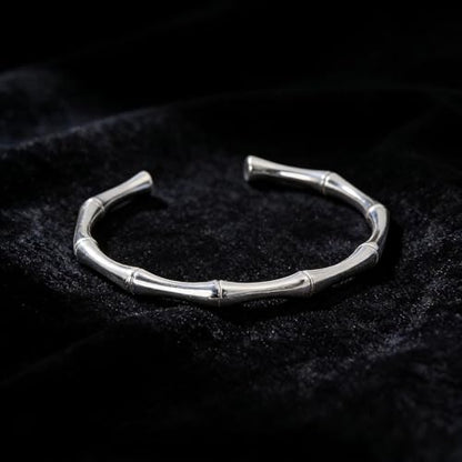 Adjustable Silver Bamboo Bracelet for Women – Stainless Steel Open-Cuff Bangle, Organic Design, Perfect Everyday Jewelry Gift