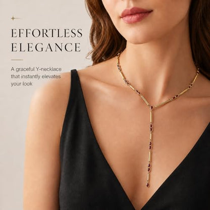Gold Y Necklace for Women with Red Cubic Zirconia Dainty Lariat Chain, Minimalist Jewelry Gift for Her For Wedding, Anniversary, Birthday, Graduation, Party, Holiday