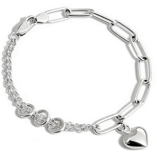 925 Sterling Silver 6mm Paperclip Bracelet for Women with Heart Charm - Mixed Link Chain Design, Lobster Clasp, Size 7" 8" 9", Gift Box - size: Large - 9 Inches