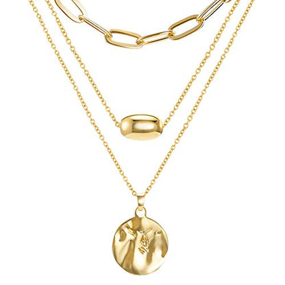 FAMARINE Gold Layered Pendant Long Necklace, 3 Layer Choker Necklace Chain Pendant Costume Jewelry for Women