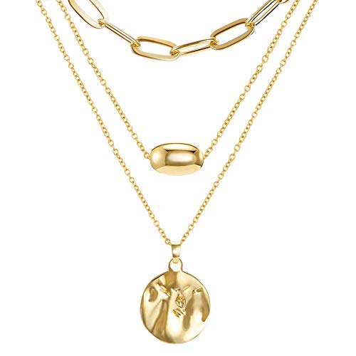 FAMARINE Gold Layered Pendant Long Necklace, 3 Layer Choker Necklace Chain Pendant Costume Jewelry for Women