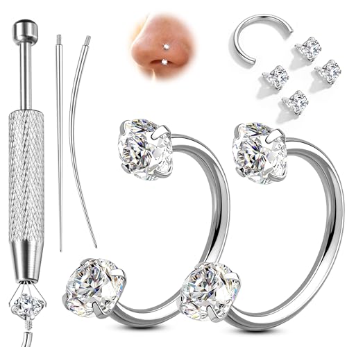 ORAZIO 18G Horseshoe Nose Rings for Women Men Double Gem Horse Shoe Nose Ring Hoops Surgical Steel Silver Gold Cartilage Helix Tragus Daith Earrings Labret Lip Piercing Jewelry Cute Small Septum Rings - color: Silver-White CZ