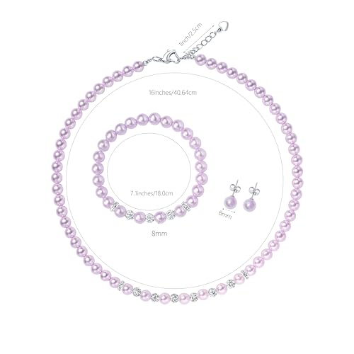 6mm Pearl Jewelry Set for Women & Girls, Necklace Bracelet Earrings | Sparkling Rhinestone Detail, Faux Pearl Set, Prom Gift - style: 16 inches purple