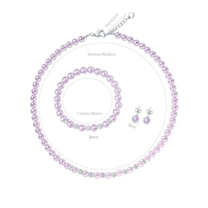 6mm Pearl Jewelry Set for Women & Girls, Necklace Bracelet Earrings | Sparkling Rhinestone Detail, Faux Pearl Set, Prom Gift - style: 16 inches purple