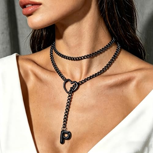 Black Heart Slip Chain Initial Necklaces for Women, Stainless Steel Wrap Choker Necklace, Gothic O-Ring Adjustable Lariat Y Necklaces, Punk Cuban Collar Choker Necklace, Halloween Jewelry Gift - color: Black P