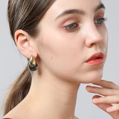 Chunky Resin Teardrop Earrings, 18K Gold Acrylic Resin Drop Hoops，Hypoallergenic Fashion Jewelry for Women,18K Gold Plated Resin Drop Earrings - color: Black