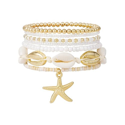 LALAPPLE Shell Bracelet Boho Beaded Stretch Bracelets for Women Seashell Strand Bracelets Starfish Charm Jewelry Summer Beach Jewelry Stackable Crystal Gold Plated Beads Bracelet for Women - style: Style4
