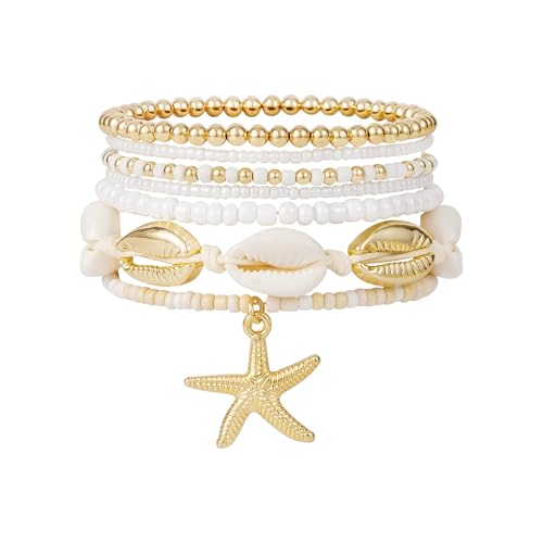 LALAPPLE Shell Bracelet Boho Beaded Stretch Bracelets for Women Seashell Strand Bracelets Starfish Charm Jewelry Summer Beach Jewelry Stackable Crystal Gold Plated Beads Bracelet for Women - style: Style4