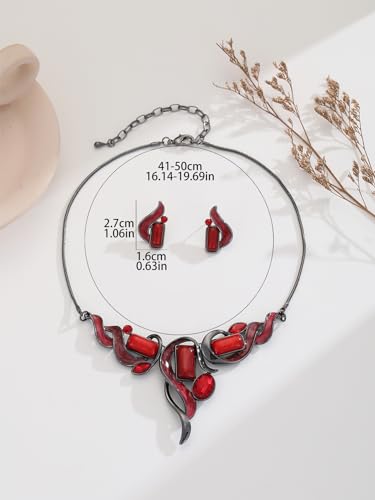 Chunky Statement Jewelry Set Vintage Retro Leaf Flower Floral Geometric Bohemian Boho Bib Necklace Earring Set Fashion Costume Jewelry for Women Girls Wedding Party Prom Unique Gift - style: Rectangle-red