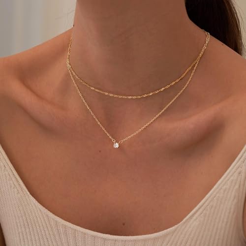 Tewiky Dainty 14k Gold Plated/Silver Cubic Zirconia Necklaces for Women, Simple CZ Jewelry Necklaces Trendy Gifts - color: Gold sterling silver layer CZ