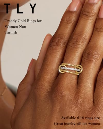 TLY Stackable Gold Rings for Women Interlocking Ring Stack Set non tarnish | 18K Gold Silver Plated Mixed Metal Statement Rings Waterproof Cubic Zirconia Fashion Connected Band Thumb Ring Size 4-11 - color: 04.Sonny set