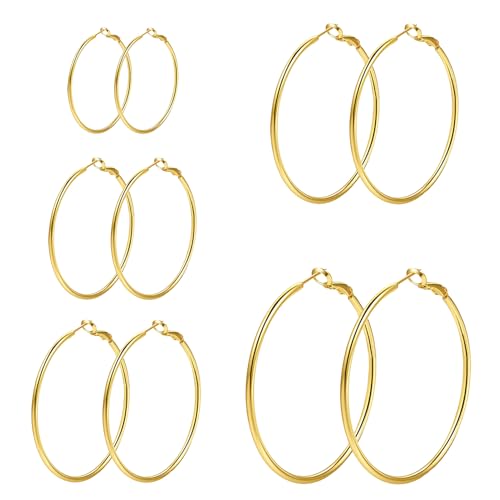 6 Pairs Gold Silver Hoop Earrings for Women 14K Gold Plated 316 Hypoallergenic Stainless Steel Lightweight Large Small Hoops Women Earrings 30/40/50mm Set - color: 5 Pairs Gold-30/40/50/60/70mm