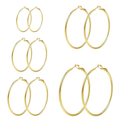 6 Pairs Gold Silver Hoop Earrings for Women 14K Gold Plated 316 Hypoallergenic Stainless Steel Lightweight Large Small Hoops Women Earrings 30/40/50mm Set - color: 5 Pairs Gold-30/40/50/60/70mm