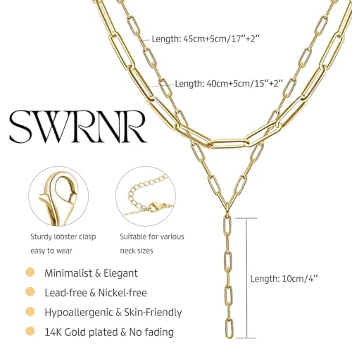 Lariat Necklace for Women, Dainty 14K Gold/Silver Plated Long Necklaces for Women Trendy Simple Layered Y-Shaped Pendant Necklace Adjustable Fashion Jewelry Gift - color: Gold, style: Paperclip Chain