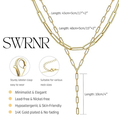 Lariat Necklace for Women, Dainty 14K Gold/Silver Plated Long Necklaces for Women Trendy Simple Layered Y-Shaped Pendant Necklace Adjustable Fashion Jewelry Gift - color: Gold, style: Paperclip Chain