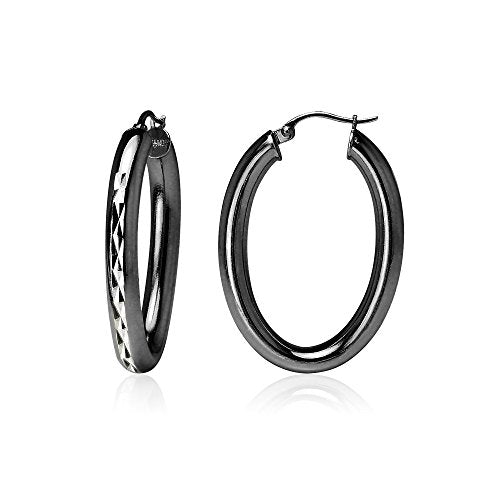 Hoops & Loops 925 Sterling Silver 4mm Thick Oval Diamond-Cut Hoop Earrings, 25mm 30mm, Silver, Yellow Gold, Rose Gold & Black - color: Black 25mm-1''