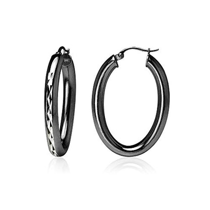 Hoops & Loops 925 Sterling Silver 4mm Thick Oval Diamond-Cut Hoop Earrings, 25mm 30mm, Silver, Yellow Gold, Rose Gold & Black - color: Black 25mm-1''