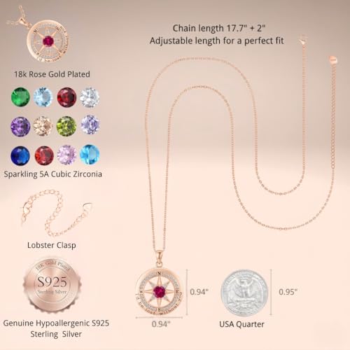 Compass Necklace for Women Wife Girlfriend Mom Daughter Gifts | S925 Silver Jewelry For Anniversary 18K Rose Gold Gifts For Birthday Christmas Mothers Valentines Day 12 Birthstones - style: 07-July-Rose Gold