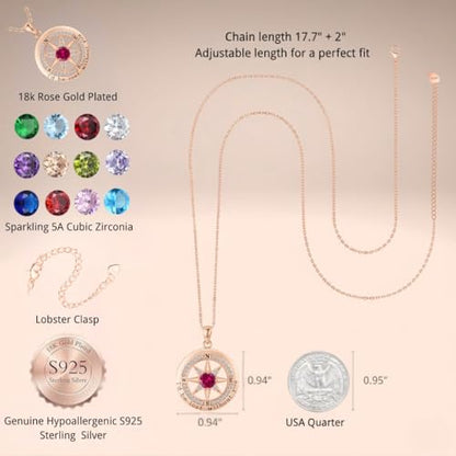 Compass Necklace for Women Wife Girlfriend Mom Daughter Gifts | S925 Silver Jewelry For Anniversary 18K Rose Gold Gifts For Birthday Christmas Mothers Valentines Day 12 Birthstones - style: 07-July-Rose Gold