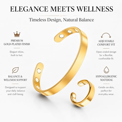 Calming Bracelet Ring Set for Women, Menopause Bracelets Adjustable Bangle Stainless Steel Cuff Climacterium Anxiety Stress Relief Energy Open Jewelry Gift - color: Gold + Gold