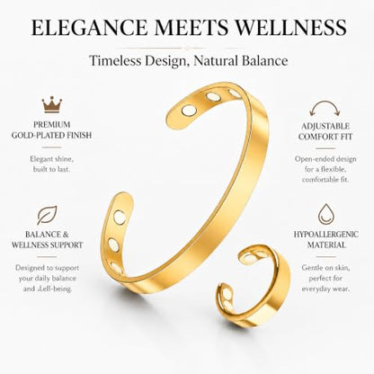 Calming Bracelet Ring Set for Women, Menopause Bracelets Adjustable Bangle Stainless Steel Cuff Climacterium Anxiety Stress Relief Energy Open Jewelry Gift - color: Gold + Gold