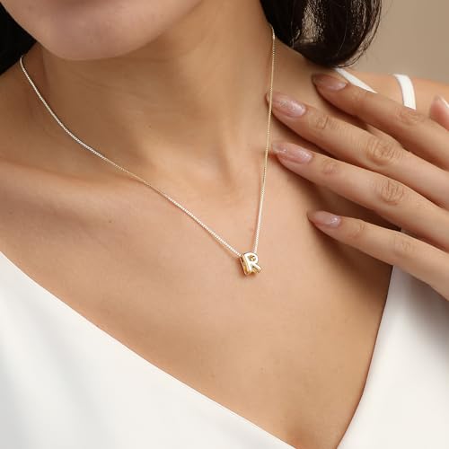 14K Gold Plated Bubble Letter Necklace, Tarnish Free and Waterproof Dainty Initial Necklace for Women, Trendy Personalized Gold Jewelry Gift for Her - color: Gold, style: R