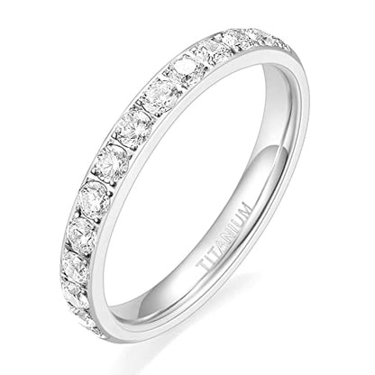 TIGRADE 3mm Women Titanium Engagement Ring Half Cubic Zirconia Eternity Wedding Band Size 3-13 - color: Silver