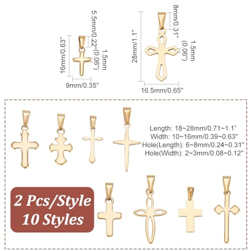 PH PandaHall 20pcs Golden Cross Charm Pendants, 10 Styles Stainless Steel Crucifix Charm Mini Cross Pendants for Easter Jewelry Making Necklace Bracelet Choker Thanksgiving