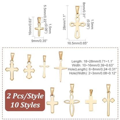 PH PandaHall 20pcs Golden Cross Charm Pendants, 10 Styles Stainless Steel Crucifix Charm Mini Cross Pendants for Easter Jewelry Making Necklace Bracelet Choker Thanksgiving