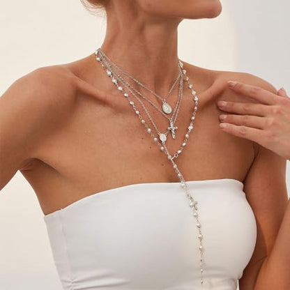 KURTCB Rhinestone Necklace for Women Boho Long Y Lariat Gold Necklace Stack Colorful Summer Beach Jewelry - color: Silver Pearl Cross